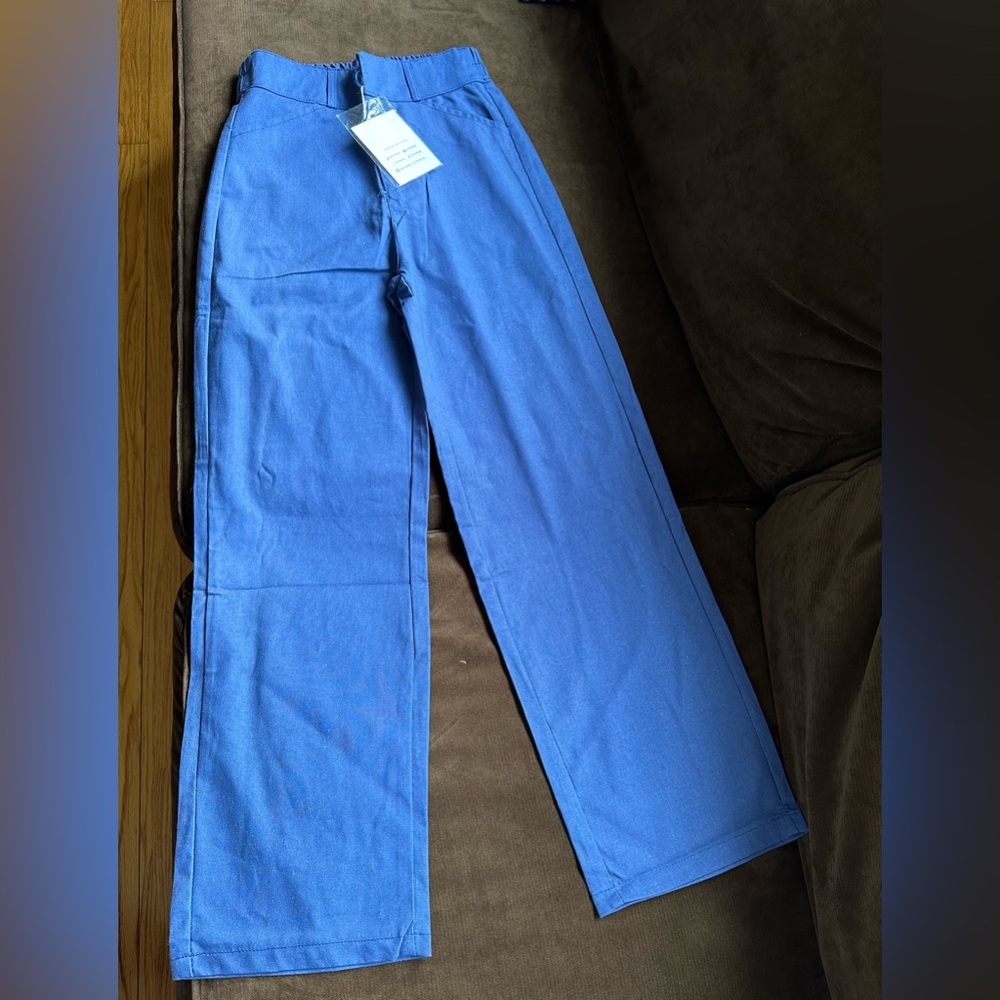 Xiao Jiang Blue Pants Sz L Elastic Waist 2 Button Wide Leg High Waist NWT